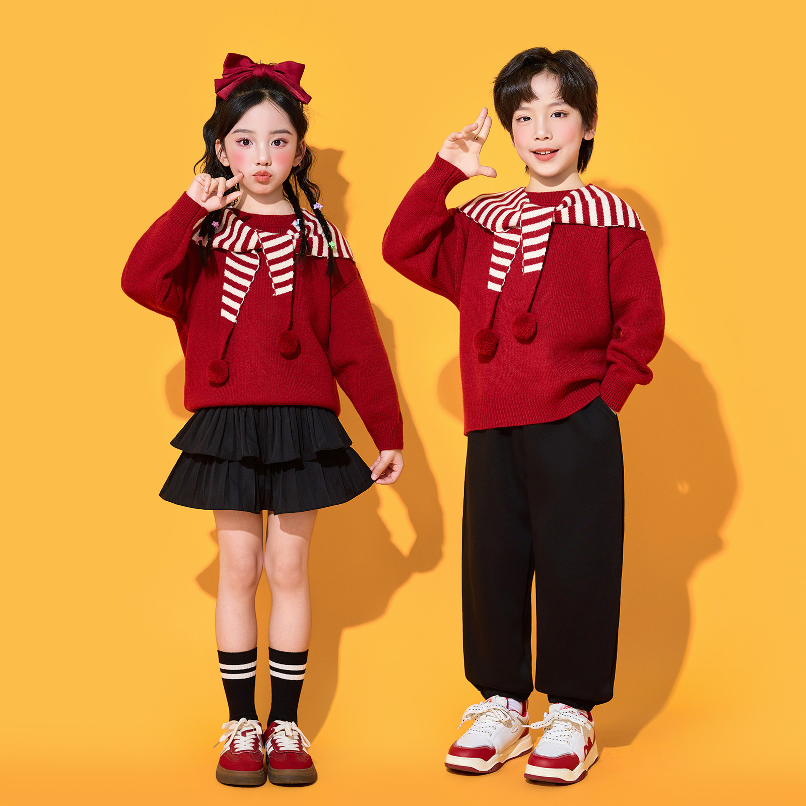 元旦儿童演出服小学生合唱表演服装红色喜庆毛衣啦啦队套装男女童,淘宝优惠券,粉丝福利购,淘宝优惠卷