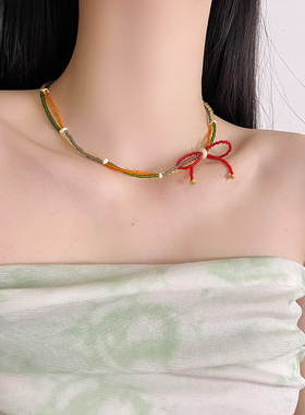 日系CoopKoop原创设计复古绿陶瓷串珠项链女新中式显白气质