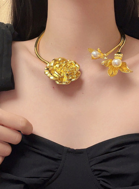 日系coopkoop欧美重工立体珍珠花朵山茶花项圈中古风轻奢高级感