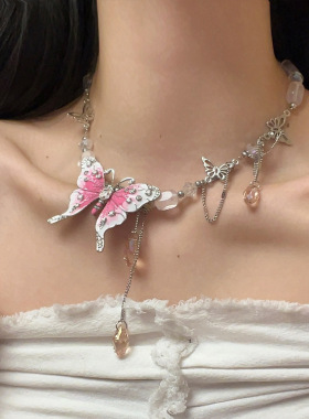 日系CoopKoop潮辣深蓝色水滴水晶串珠蝴蝶锁骨链女小众复古气质