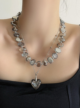 日系CoopKoop中古潮流不规则透明灰水晶串珠项链小众爱心百搭吊