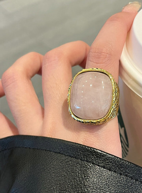 日系coopkoop法式中古宫廷方形石戒指女小众个性时髦粉晶石食指