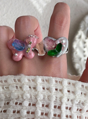 日系CoopKoop多巴胺粉色爱心蝴蝶珐琅滴釉开口戒指女新款冷淡风