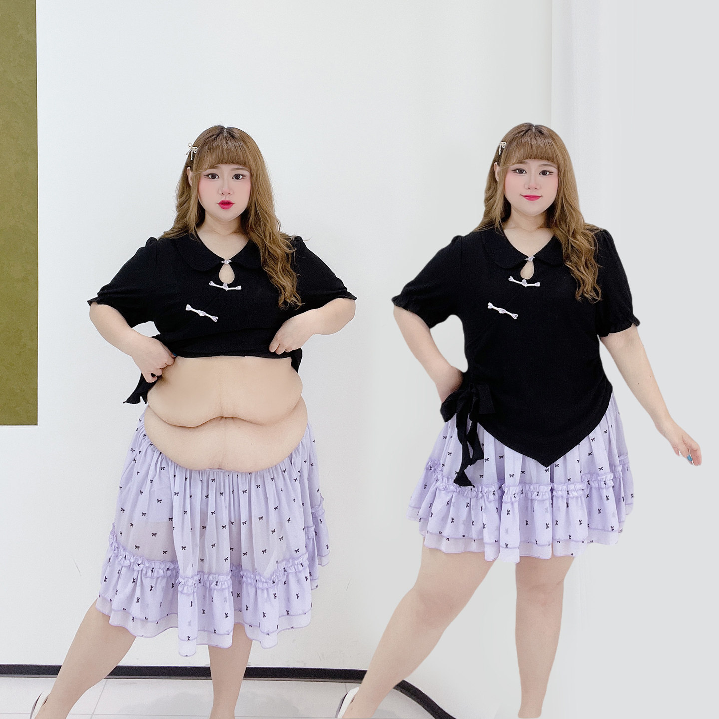 300斤胖莹大码女装新中式复古短袖上衣蝴蝶结可爱短款半身裙套装,淘宝优惠券,粉丝福利购,淘宝优惠卷