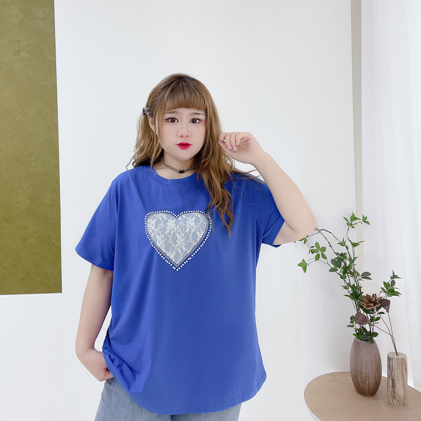 350斤胖莹莹大码女装设计感钉珠爱心蕾丝宽松遮肉显瘦正肩短袖T恤,淘宝优惠券,粉丝福利购,淘宝优惠卷