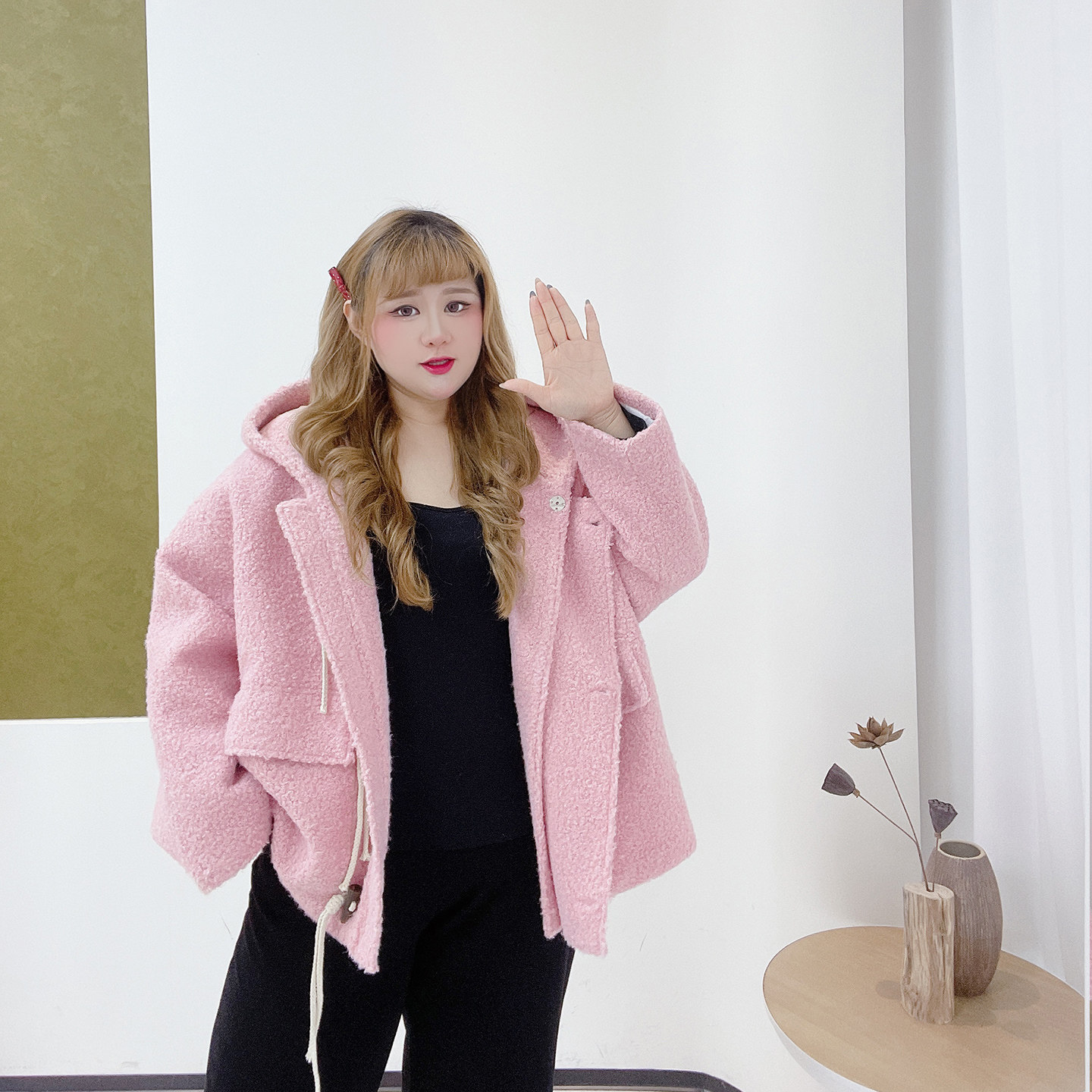 小众设计感减龄牛角扣胖莹莹大码女装加肥夹克连帽毛呢棉服外套,淘宝优惠券,粉丝福利购,淘宝优惠卷