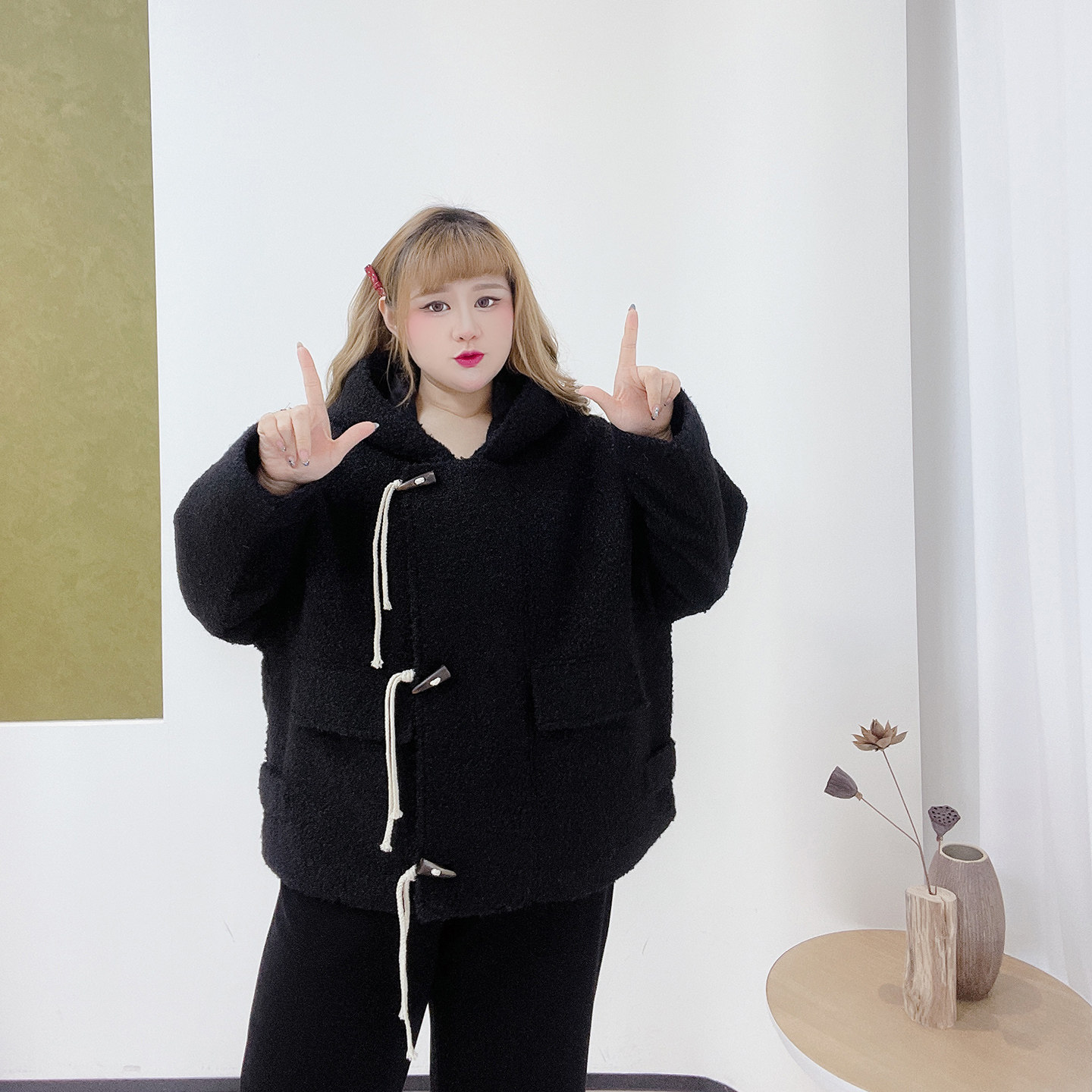 小众设计感减龄牛角扣胖莹莹大码女装加肥夹克连帽毛呢棉服外套,淘宝优惠券,粉丝福利购,淘宝优惠卷