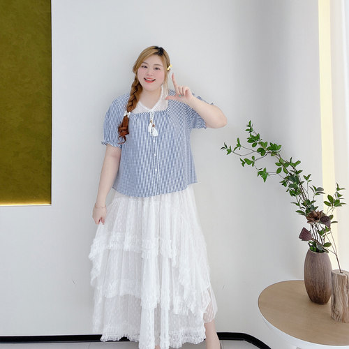 胖莹莹大码女装2026超火韩系甜美田园风绑带镂空格纹遮肉显瘦衬衫 - 图2