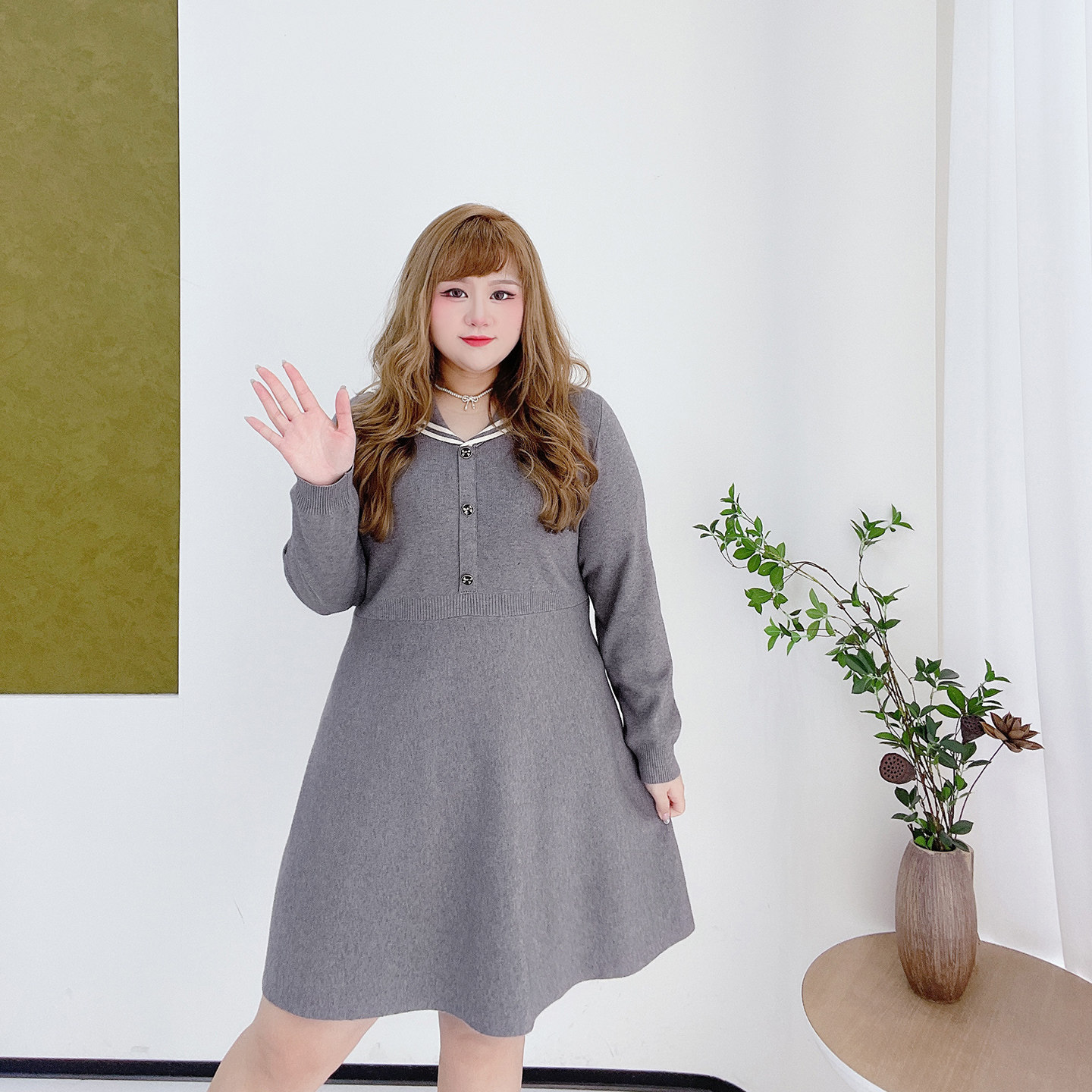 胖莹莹大码女装学院风海军领弹力高级感收腰针织小个子短款连衣裙,淘宝优惠券,粉丝福利购,淘宝优惠卷