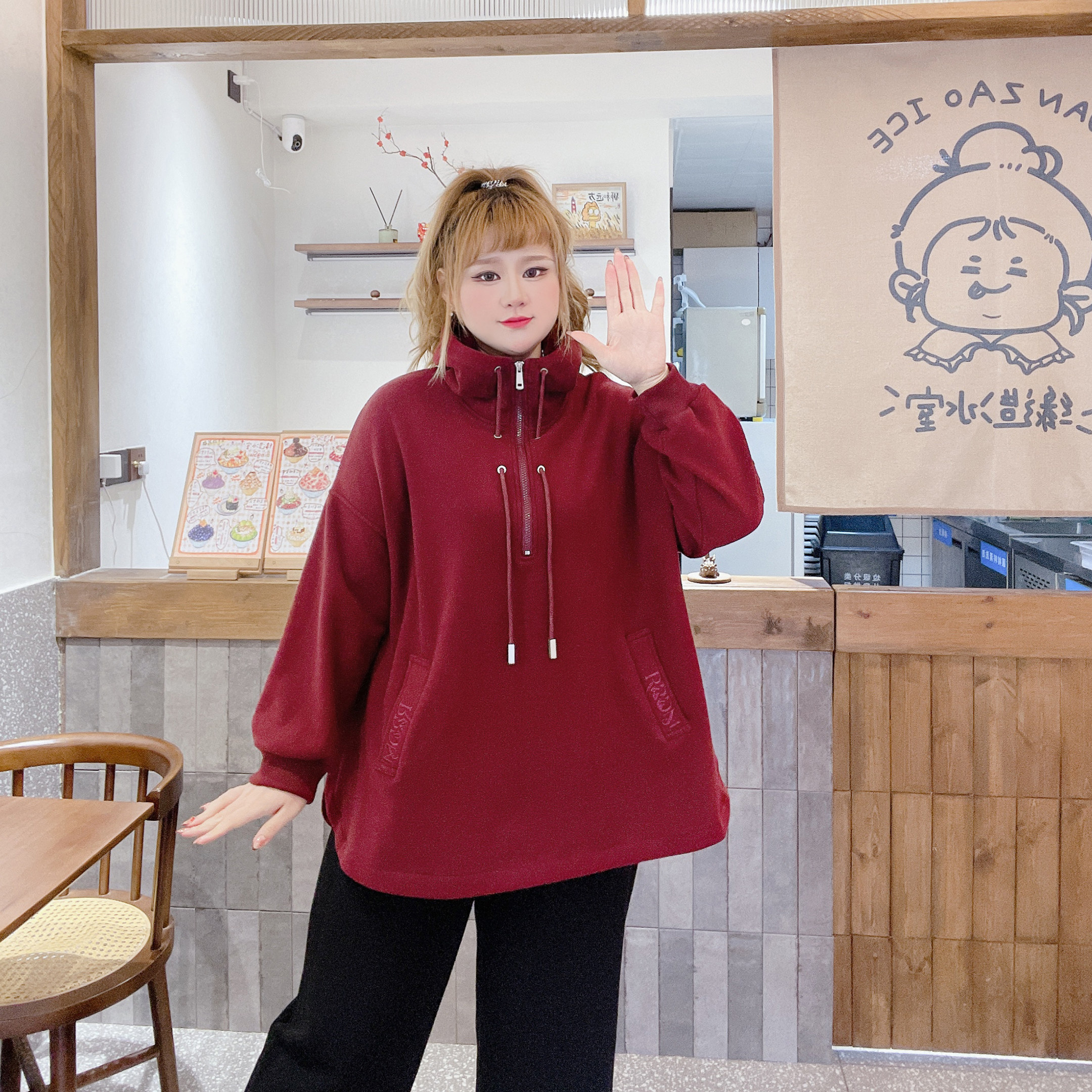 300斤胖莹莹大码女装刺绣加绒设计感辣妹酷飒风拉链抽绳连帽卫衣,淘宝优惠券,粉丝福利购,淘宝优惠卷