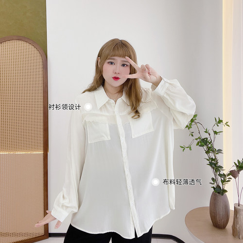 300斤胖莹莹特大码女装甜美设计感木耳边高级感遮肉显瘦宽松衬衫 - 图0