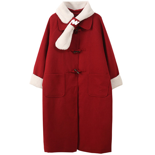 300斤胖莹莹大码女装胖mm围脖新年氛围感夹棉牛角扣加厚呢大衣 - 图3