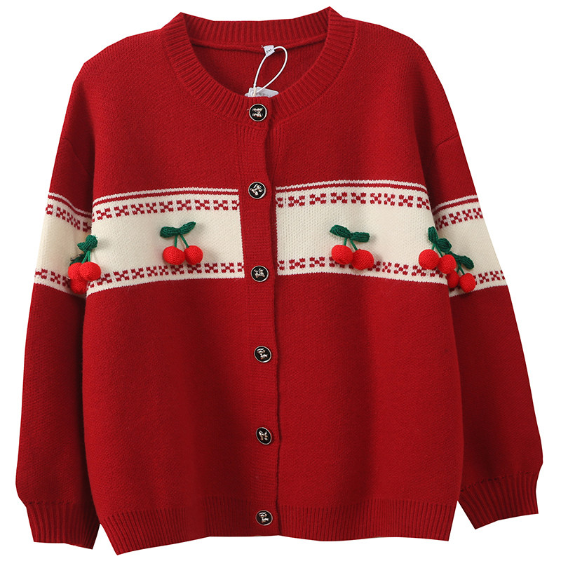 300斤胖莹大码女装韩系减龄甜美樱桃撞色红色新年战袍可爱针织衫,淘宝优惠券,粉丝福利购,淘宝优惠卷