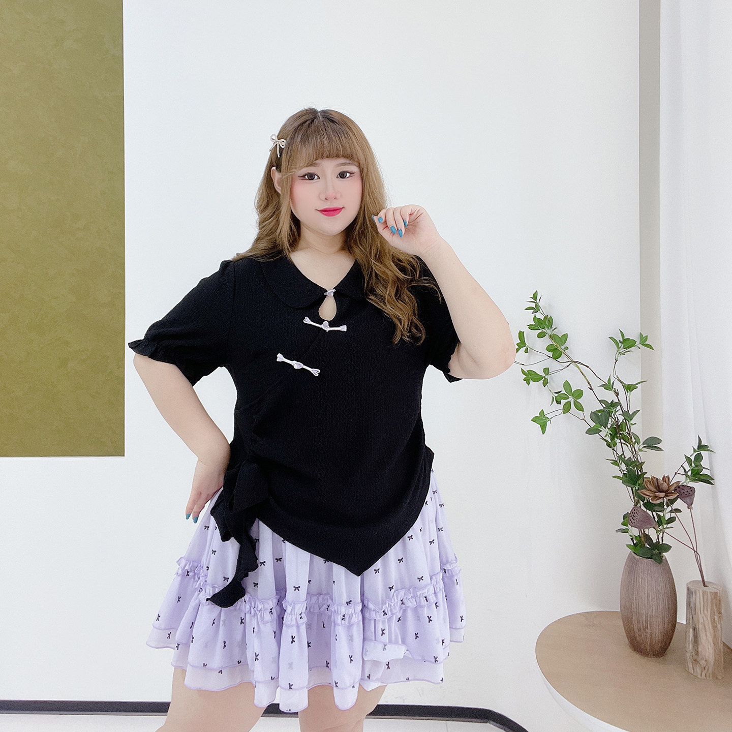 300斤胖莹大码女装新中式复古短袖上衣蝴蝶结可爱短款半身裙套装,淘宝优惠券,粉丝福利购,淘宝优惠卷