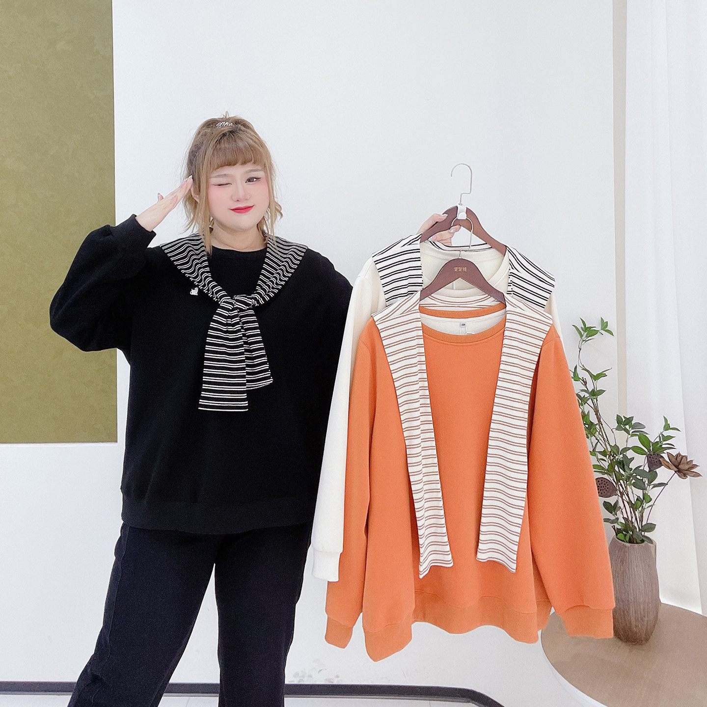 胖莹莹大码女装2025秋冬设计感减龄条纹披肩加绒宽松休闲百搭卫衣,淘宝优惠券,粉丝福利购,淘宝优惠卷