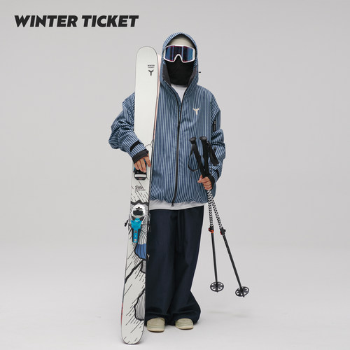 WinterTicket双单板自由式OVERSIZE宽大嘻哈蓝竖条纹3L夹克滑雪服 - 图0