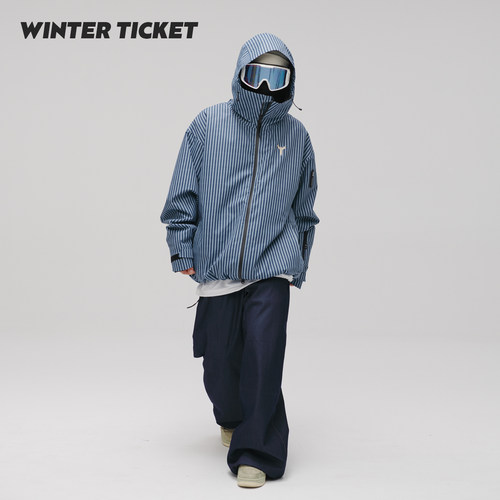 WinterTicket双单板自由式OVERSIZE宽大嘻哈蓝竖条纹3L夹克滑雪服 - 图3