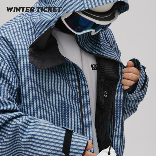 WinterTicket双单板自由式OVERSIZE宽大嘻哈蓝竖条纹3L夹克滑雪服 - 图2