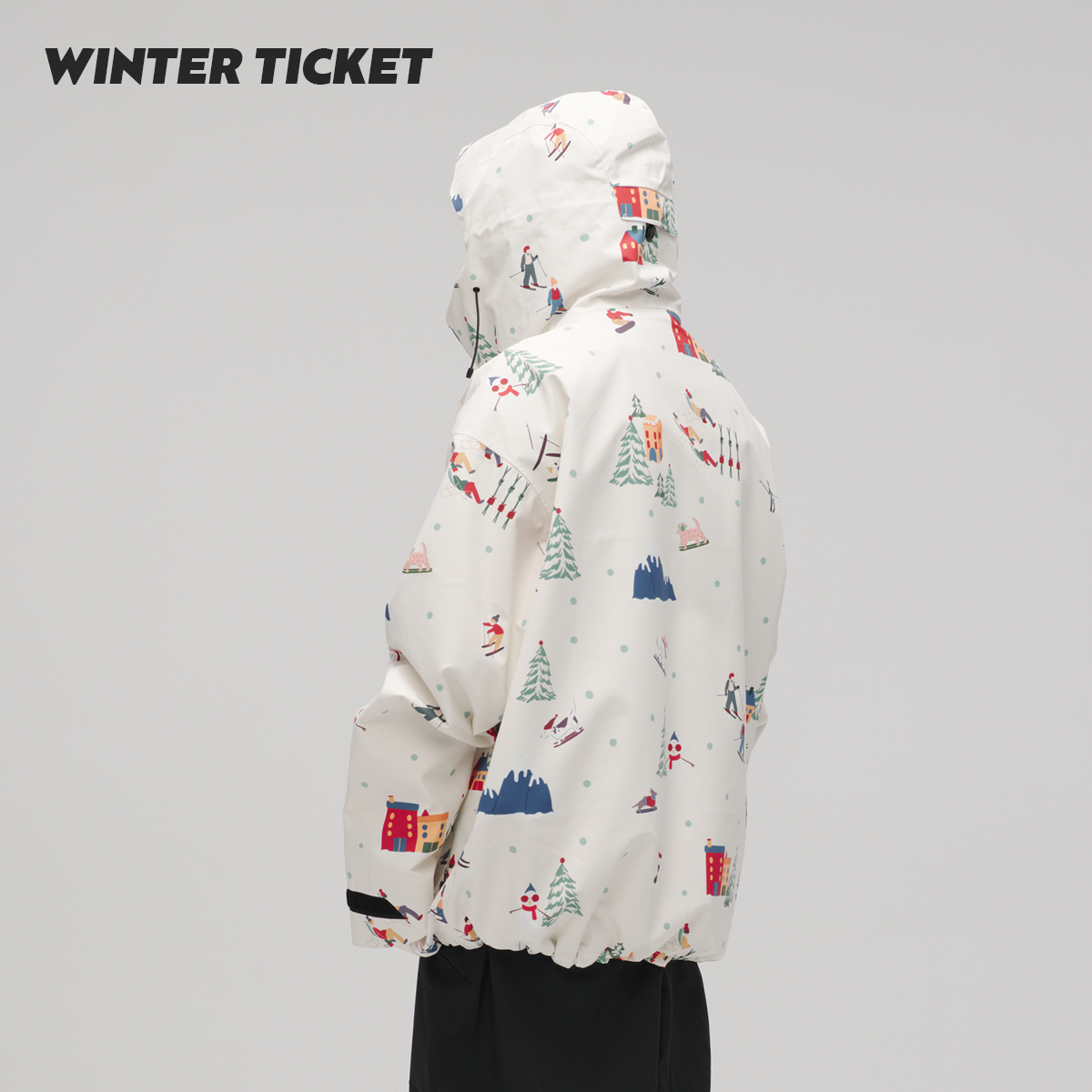 WinterTicket双单板自由式OVERSIZE宽大嘻哈米色插画3L夹克滑雪服 - 图0