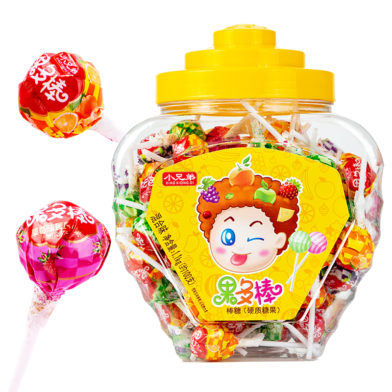 小兄弟旗舰店小兄弟果多棒桶装草莓水果味棒棒糖混合口味糖果整箱发批散装儿童0