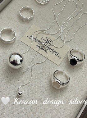 圆珠黑组合韩国亮银项链小众戒指