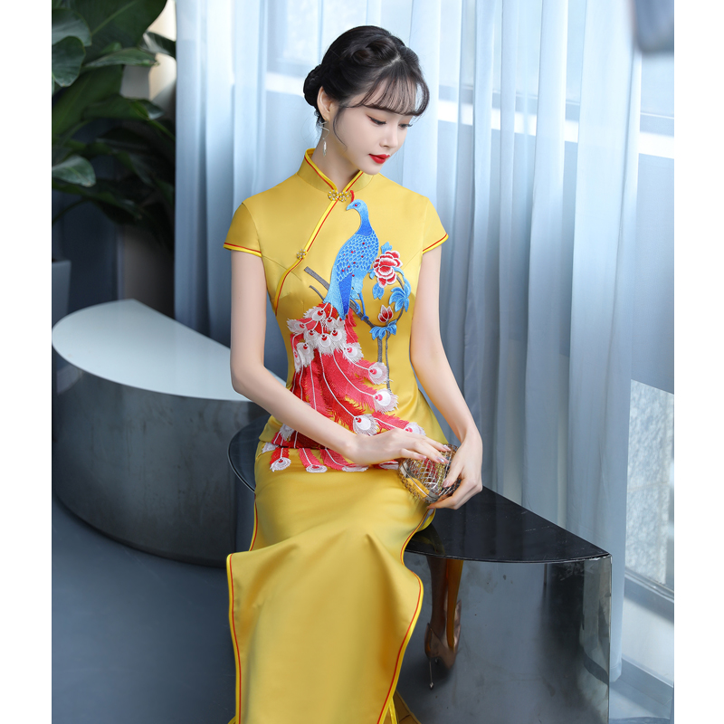 2024新款修身改良高端开叉绣花长款走秀旗袍裙表演出服女舞台宴会 - 图2