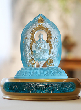 琉璃东方三圣一体佛堂供奉药师佛日月光菩萨居家礼佛客厅摆件