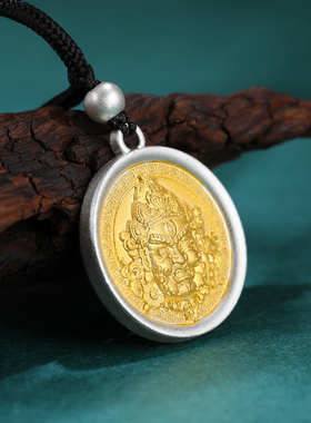 三漫陀藏式尼泊尔S925双面复古黄财神吊坠挂件佛珠卡扣卡子吊牌