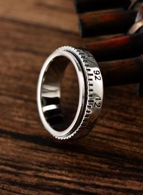 银饰s999纯银欧美ins风男女刻度指环可转动食指戒指文艺文艺复古