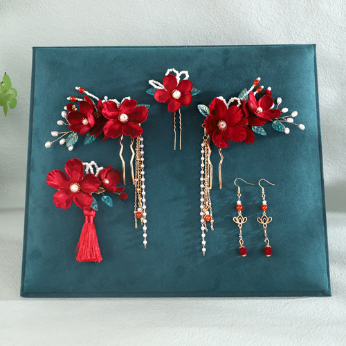 红色绒花新款中式秀禾发饰敬酒全套喜庆发夹古风新娘简约头饰流苏 - 图1