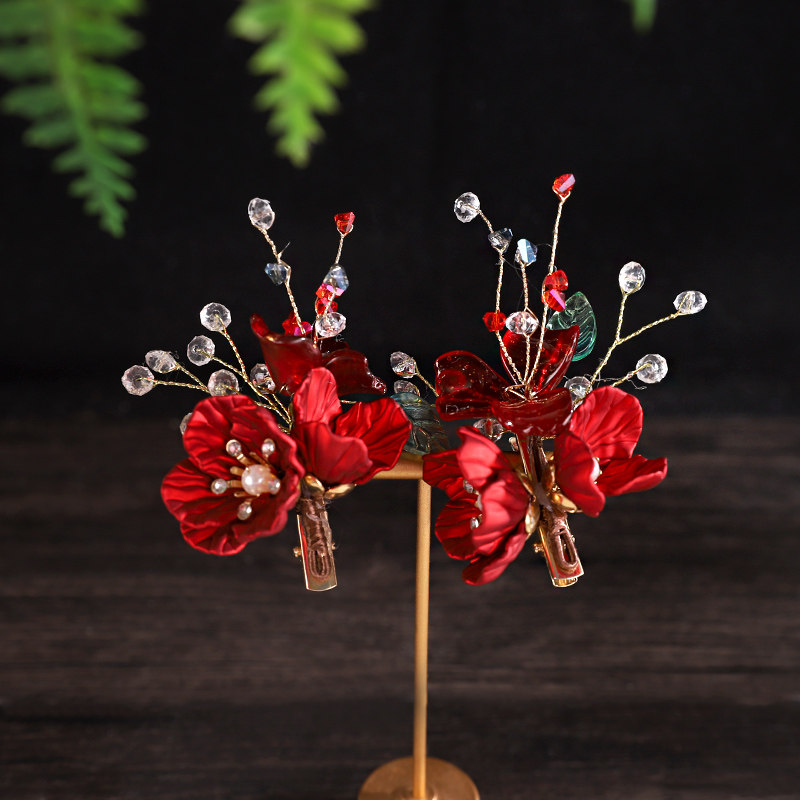 中式古风新款古装头饰红色秀禾流苏发夹绒花结婚发饰婚礼新娘饰品,淘宝优惠券,粉丝福利购,淘宝优惠卷