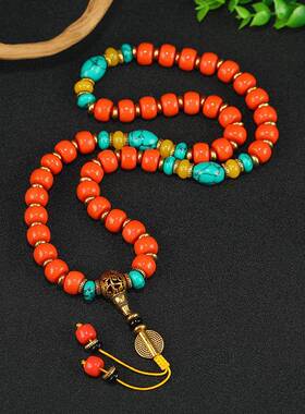 藏式民族风绿松石南红色手串复古手链藏族男女手持文玩佛珠挂饰