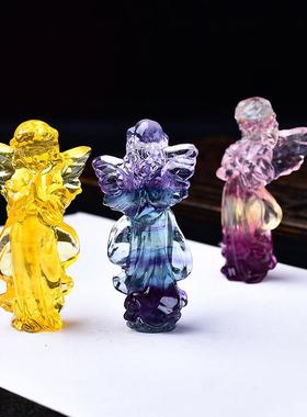 天然彩黄紫萤石天使摆件糖果萤石原石仙女家居客厅办公桌摆设礼物