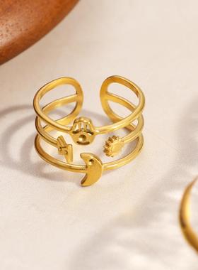 欧美不锈钢戒指镂空环形太阳月亮闪电简约时尚开口可调节防水手饰