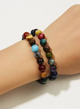 8mm太阳系八大行星弹力绳手链虎眼石手饰爆款珠串几何时尚