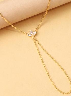 跨境爆火叶子连指手链女简约夏季沙滩派对水钻手背链戒指一体手饰