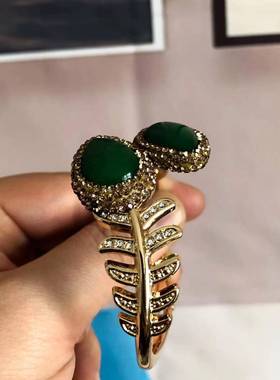 跨境马来玉羽毛合金双头镶嵌手镯手环开口抖音同款个性高贵女