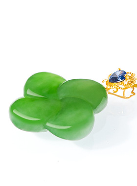 正品天然和田玉碧玉保真四叶草玉石吊坠18K金镶时尚高档女款首饰