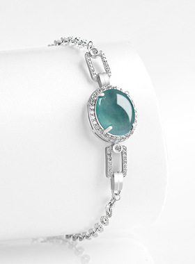 天然A货翡翠蓝水大蛋面S925银镶手链冰种玉石女款时尚高档手饰