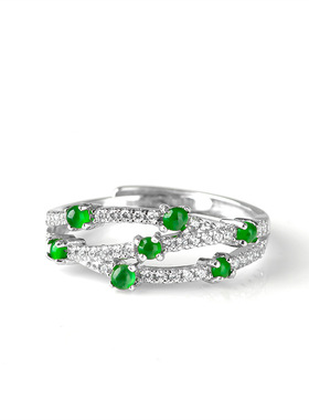 天然A货翡翠阳绿戒指冰种玉石S925银镶时尚指环女款简约可调节