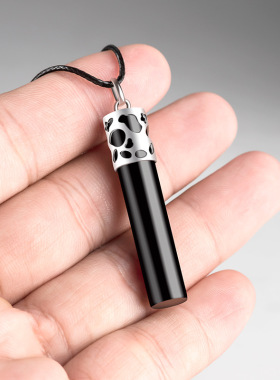 S925银镶嵌天然A货墨玉玉柱玉石吊坠时尚简约男士款女款玉坠饰品