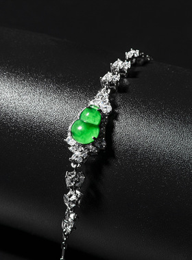 天然正品a货翡翠阳绿葫芦手链冰种S925银镶玉石女款时尚饰品高档