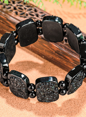 高档天然a货翡翠墨玉九龙护主龙牌手串男士玉石手链大气手饰正品