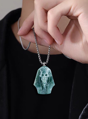 天然A货翡翠蓝水立体埃及法老吊坠项链冰种玉石男女款嘻哈挂件