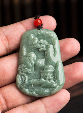 天然正品a货翡翠豆种山水牌望岳图玉石吊坠挂件玉佩男士女款玉器