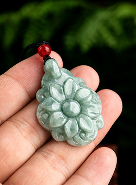 天然正品A货保真翡翠豆绿长寿花吊坠玉石挂件男女款项链玉坠玉器