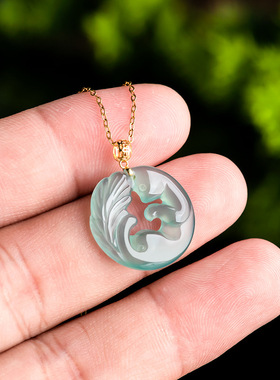 正品天然A货翡翠蓝水九尾狐玉石吊坠18K金镶冰种挂坠时尚女款玉坠