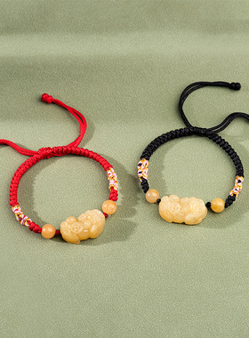 天然新疆金丝玉金钱貔貅手绳手工编织桃花结黄玉皮丘女款玉石手链