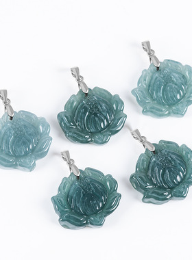 天然A货翡翠蓝水荷花吊坠S925银镶冰种莲花玉石挂件花件女款项链