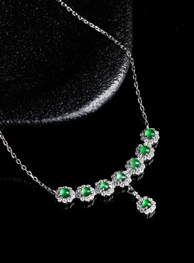 高档天然a货翡翠阳绿蛋面吊坠S925银镶冰种玉石女款时尚挂件套链